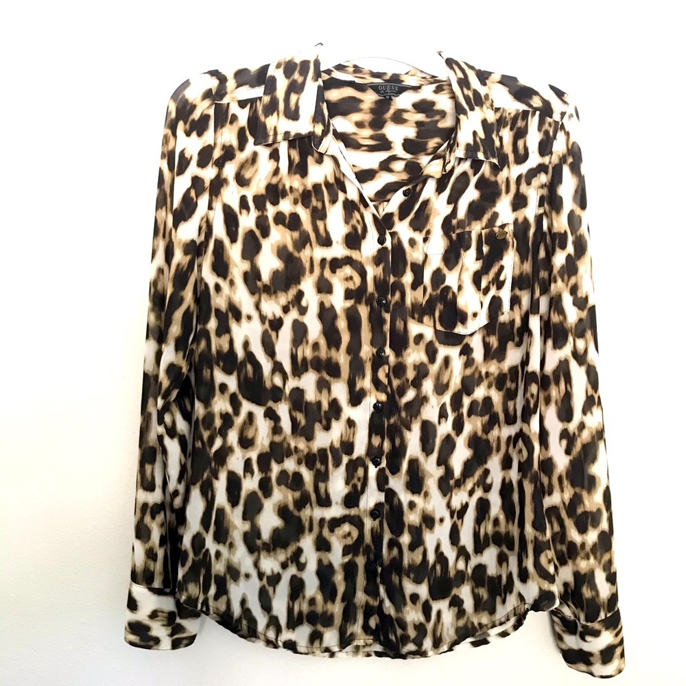 Guess Leopard Sheer Button Down Top M
